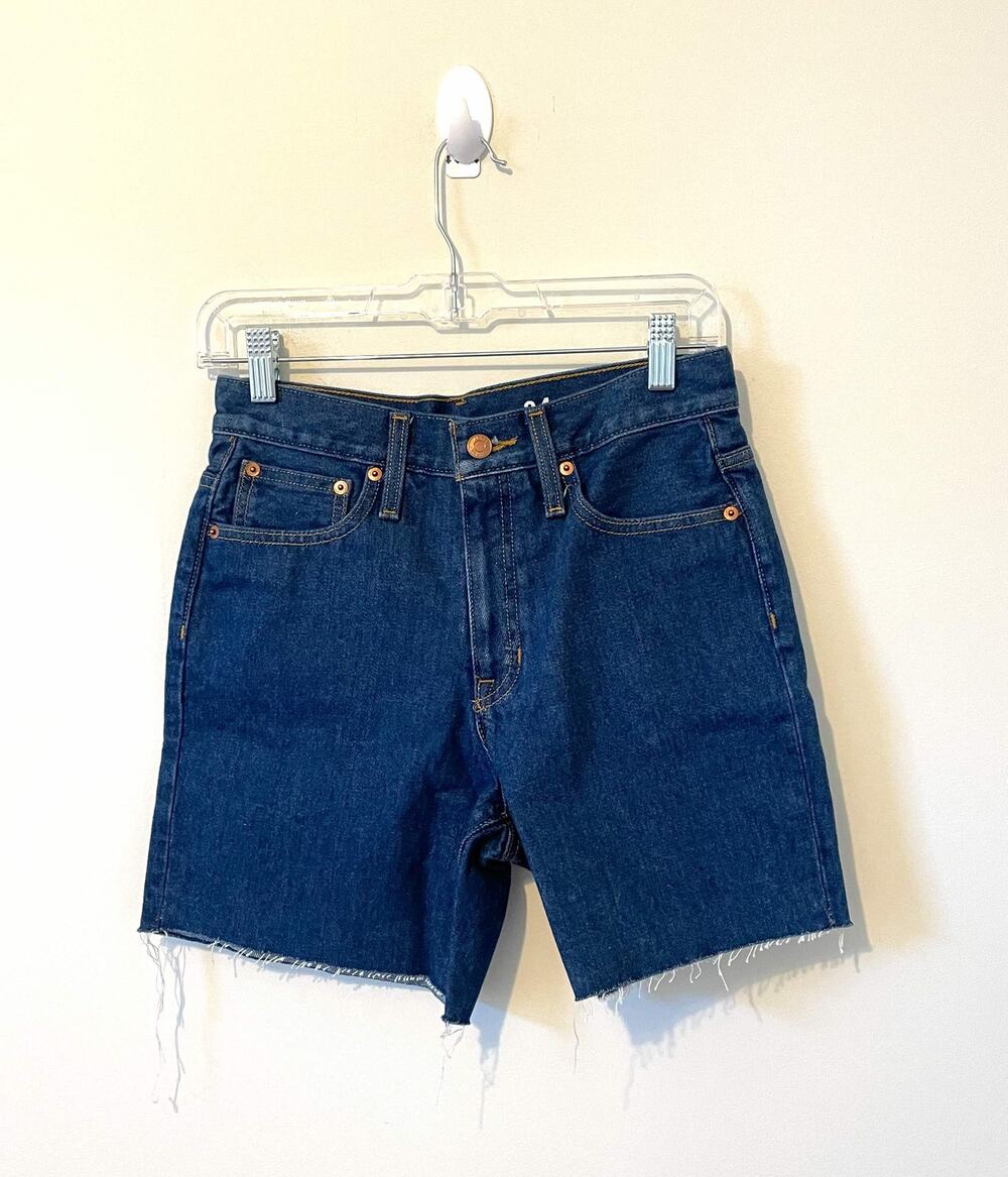 J. Crew High Rise Long Cut Off Denim Jean Dark Blue Wash Size 26 NEW